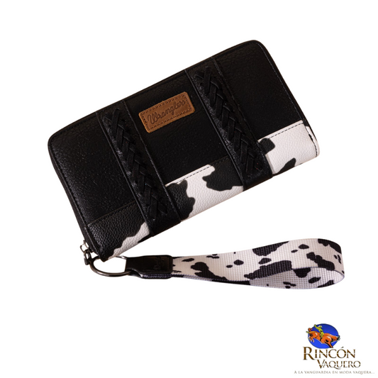 Cartera Wrangler con estampado de vaca negra