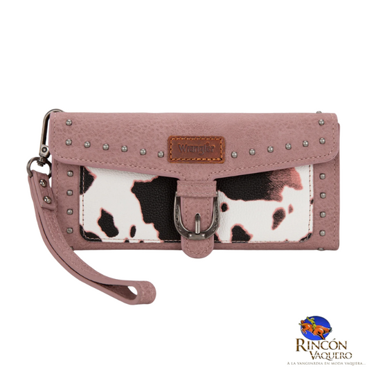 Cartera/Muñequera RFID de tres pliegues con estampado de vaca Wrangler Western y tarjetero extraíble - Rosa