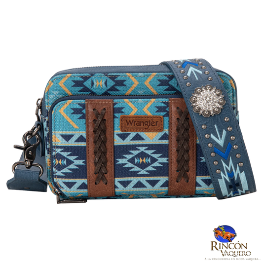 Bolso bandolera Wrangler con estampado azteca y compartimento para billetera