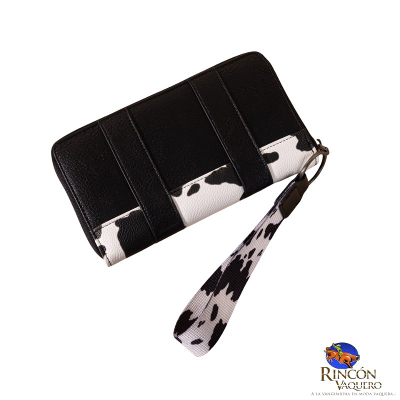 Cartera Wrangler con estampado de vaca negra