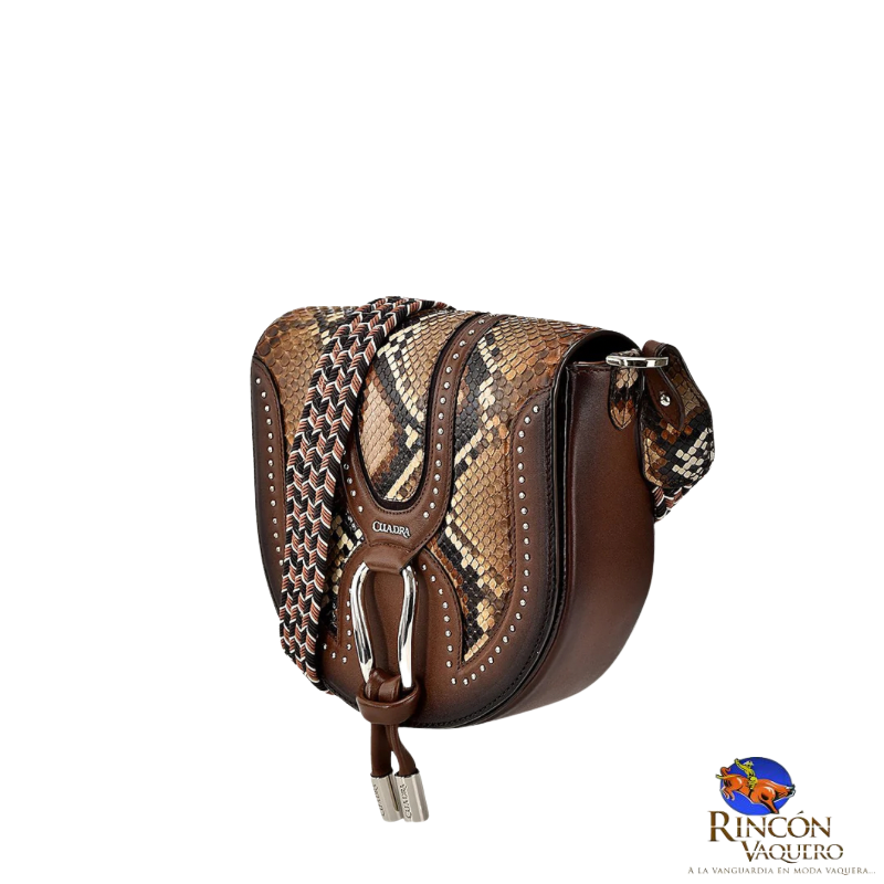 Bolso bandolera de piel exótica marrón con tachuelas