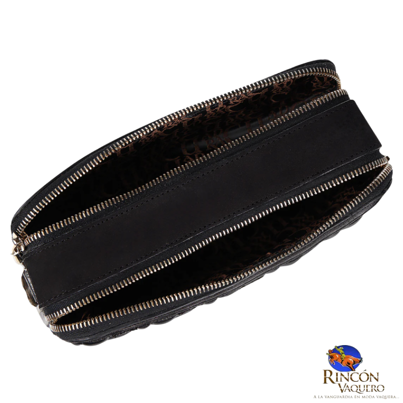 Bolso bandolera de piel exótica negra con cristales austriacos decorativos