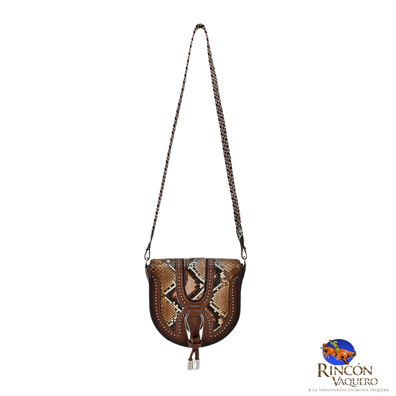 Bolso bandolera de piel exótica marrón con tachuelas