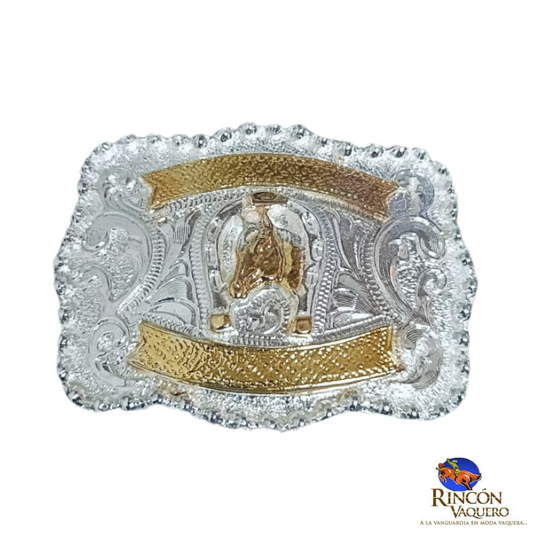 Hebilla Ranch Brand para niño con diseño de herradura y caballo