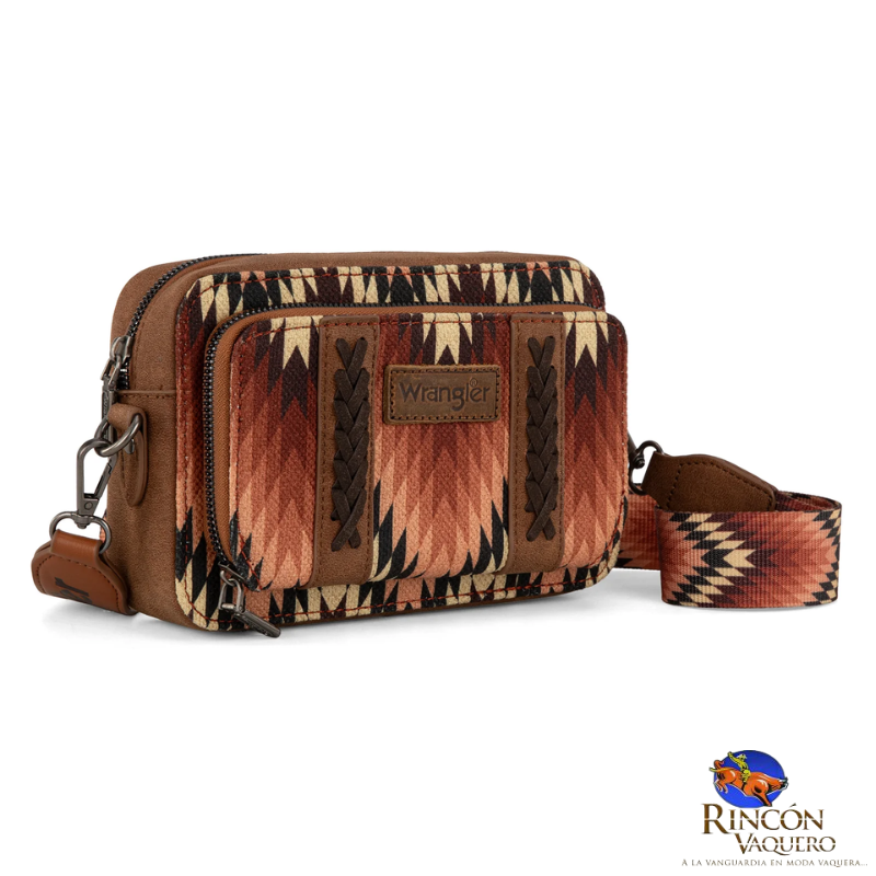 Bolso bandolera Wrangler con estampado del suroeste y compartimento para billetera (marrón)