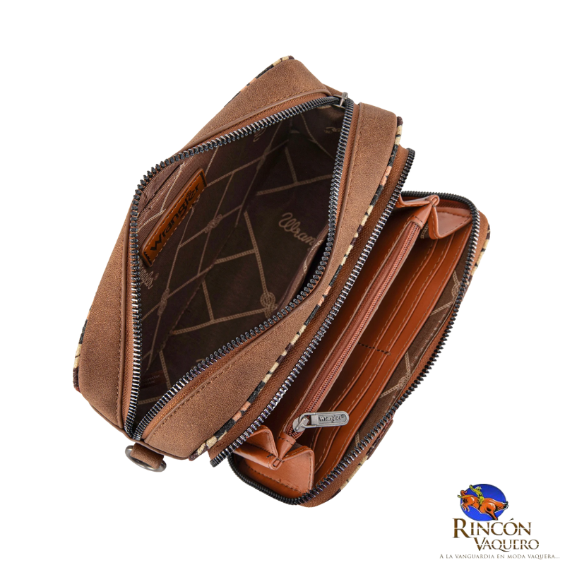 Bolso bandolera Wrangler con estampado del suroeste y compartimento para billetera (marrón)