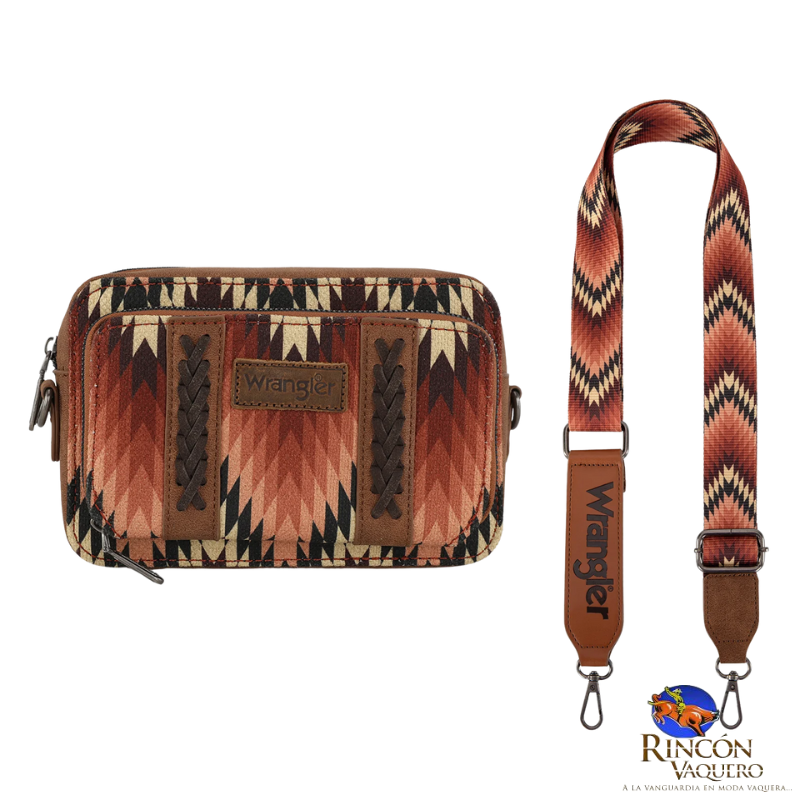 Bolso bandolera Wrangler con estampado del suroeste y compartimento para billetera (marrón)
