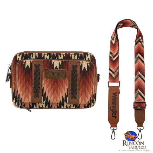 Bolso bandolera Wrangler con estampado del suroeste y compartimento para billetera (marrón)