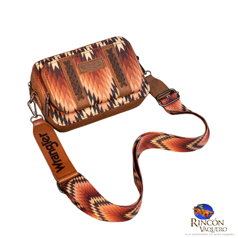 Bolso bandolera Wrangler con estampado del suroeste y compartimento para billetera (marrón)