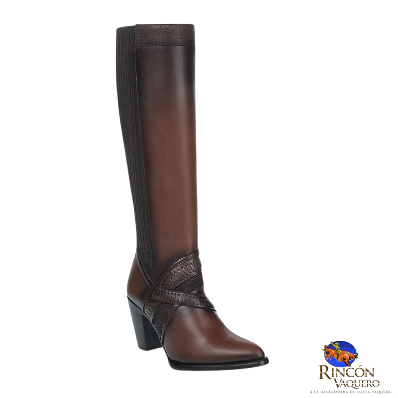 Bota alta en auténtica piel bovina color café con detalles en tejido