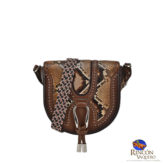 Bolso bandolera de piel exótica marrón con tachuelas