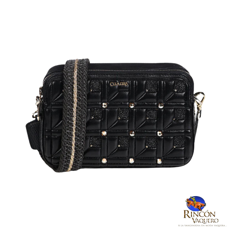 Bolso bandolera de piel exótica negra con cristales austriacos decorativos