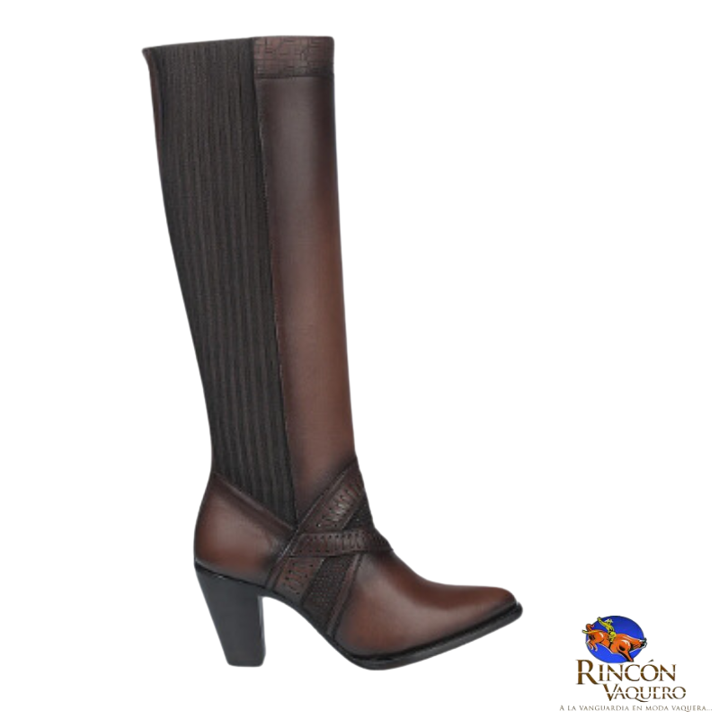 Bota alta en auténtica piel bovina color café con detalles en tejido