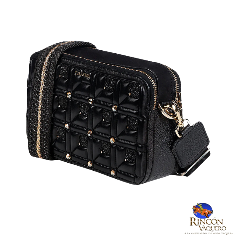 Bolso bandolera de piel exótica negra con cristales austriacos decorativos