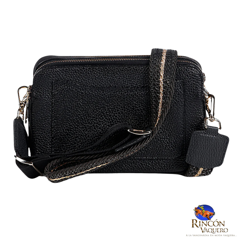 Bolso bandolera de piel exótica negra con cristales austriacos decorativos