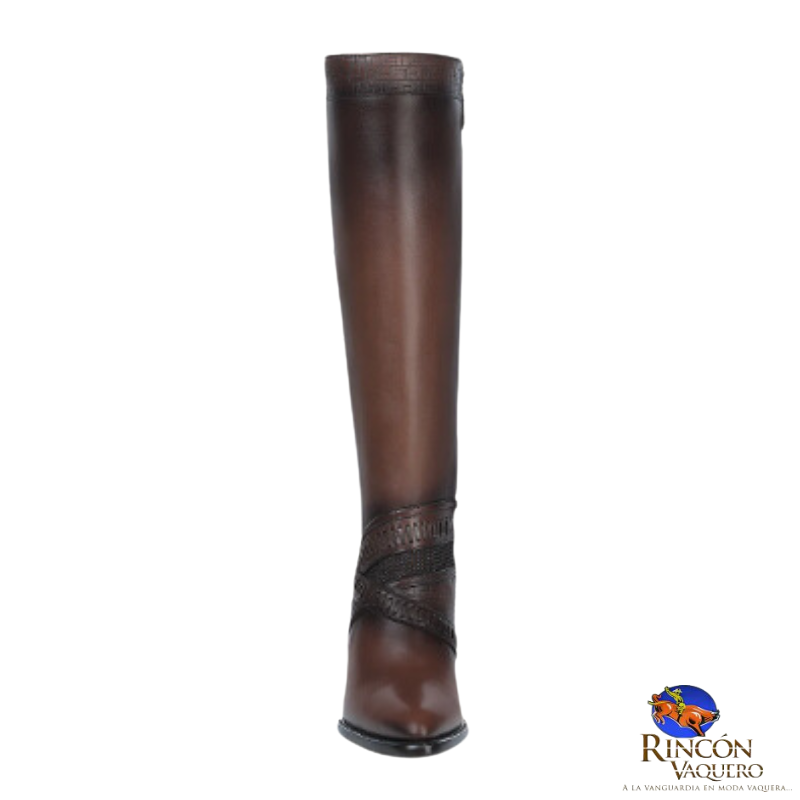 Bota alta en auténtica piel bovina color café con detalles en tejido