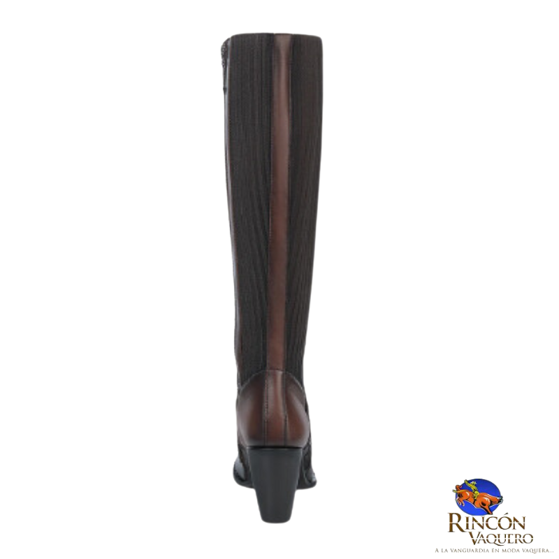 Bota alta en auténtica piel bovina color café con detalles en tejido